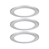Three round LED recessed lights in brushed silver aluminum for modern interior lighting