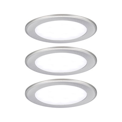 Three round LED recessed lights in brushed silver aluminum for modern interior lighting