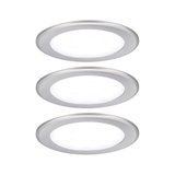 Three round LED recessed lights in brushed silver aluminum for modern interior lighting