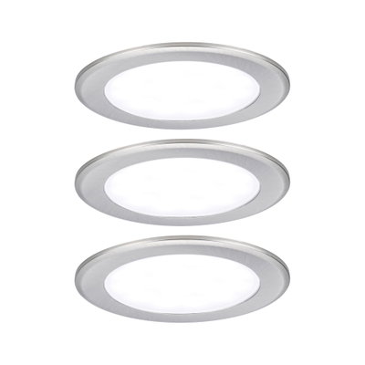 Three round LED recessed lights in brushed silver aluminum for modern interior lighting