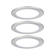 Three round LED recessed lights in brushed silver aluminum for modern interior lighting