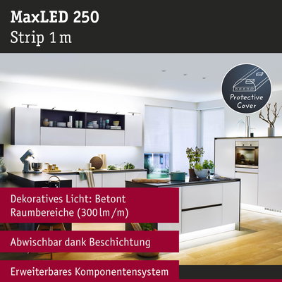 MaxLED 250 LED-Lichtstreifen 1 m mit Schutzabdeckung, dekoratives Licht für Wohnräume, abwischbar, erweiterbar