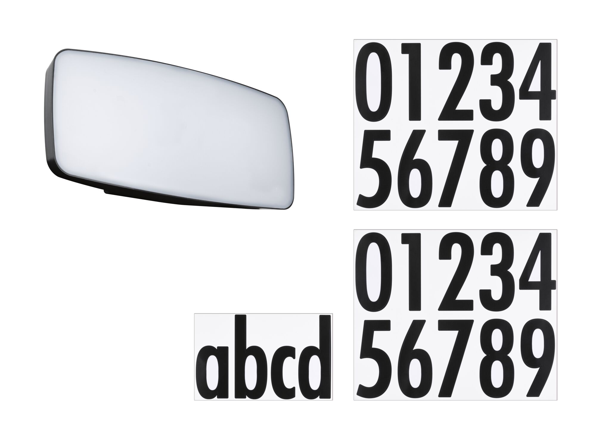 Rectangular white LED wall light with black number and letter stickers for house numbering.