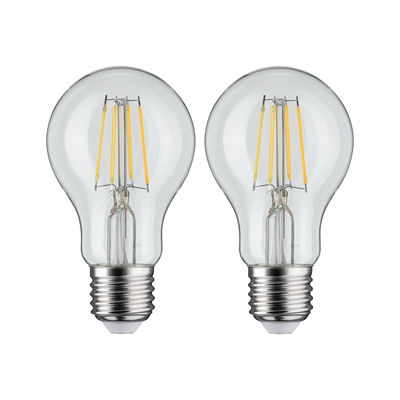 Deux ampoules LED transparentes avec filaments jaunes visibles et culot E27 pour éclairage économique