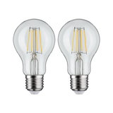 Zwei klare LED-Glühbirnen mit sichtbaren gelben Filamenten und E27-Fassung für energiesparende Beleuchtung