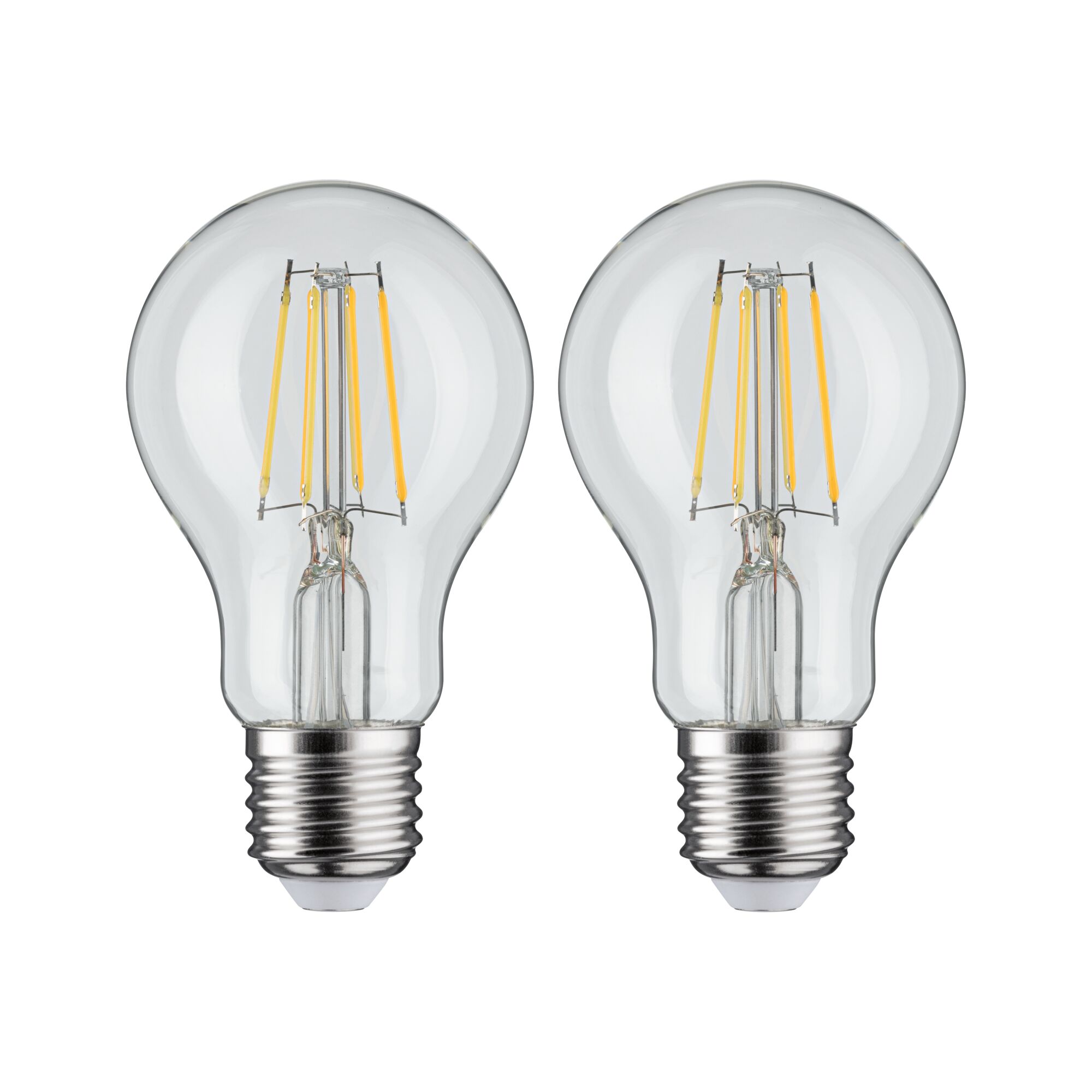 Zwei klare LED-Glühbirnen mit sichtbaren gelben Filamenten und E27-Fassung für energiesparende Beleuchtung