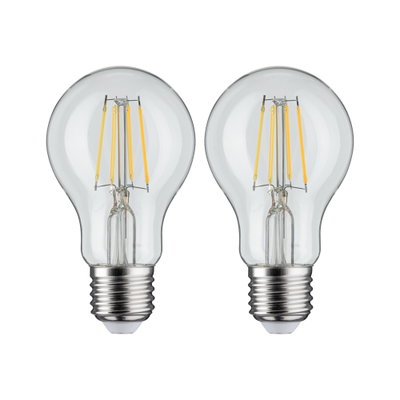 Zwei klare LED-Glühbirnen mit sichtbaren gelben Filamenten und E27-Fassung für energiesparende Beleuchtung