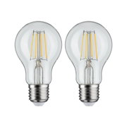 Zwei klare LED-Glühbirnen mit sichtbaren gelben Filamenten und E27-Fassung für energiesparende Beleuchtung