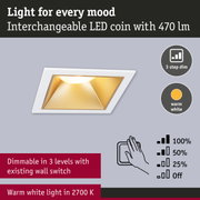 White square LED recessed spotlight with gold reflector and dimmable warm white light for home lighting