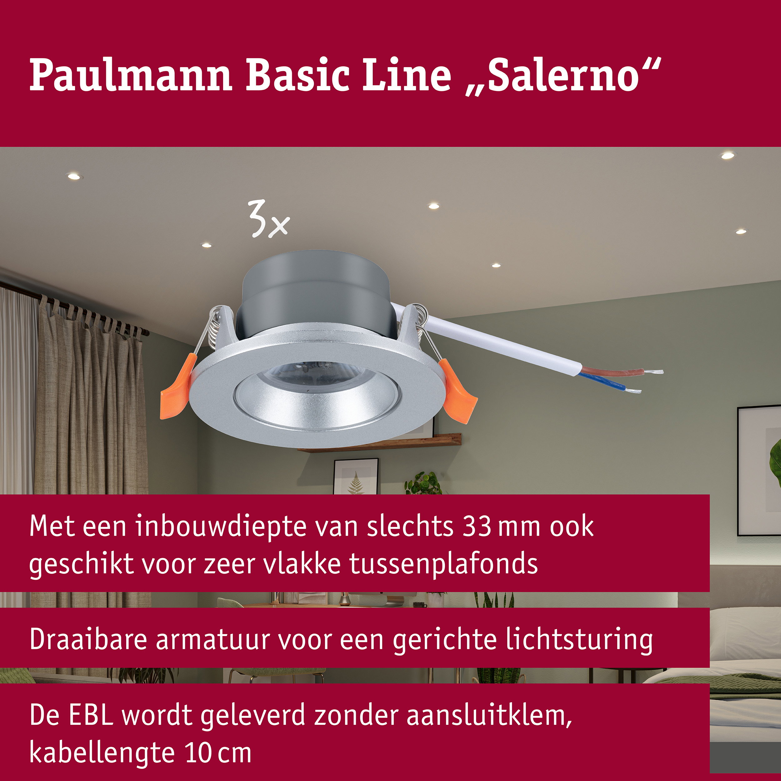 LED-inbouwlamp Salerno 4000K 67mm 3x204lm 3x2,9W Chroom mat