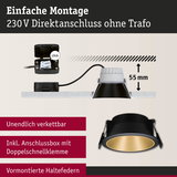 Schwarzer Einbaustrahler mit goldfarbenem Innenring, 55 mm Einbautiefe, 230V Direktanschluss ohne Trafo