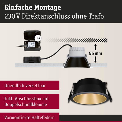 Schwarzer Einbaustrahler mit goldfarbenem Innenring, 55 mm Einbautiefe, 230V Direktanschluss ohne Trafo