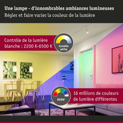 Salon avec éclairage LED blanc réglable et RGBW offrant 16 millions de couleurs pour ambiances variées