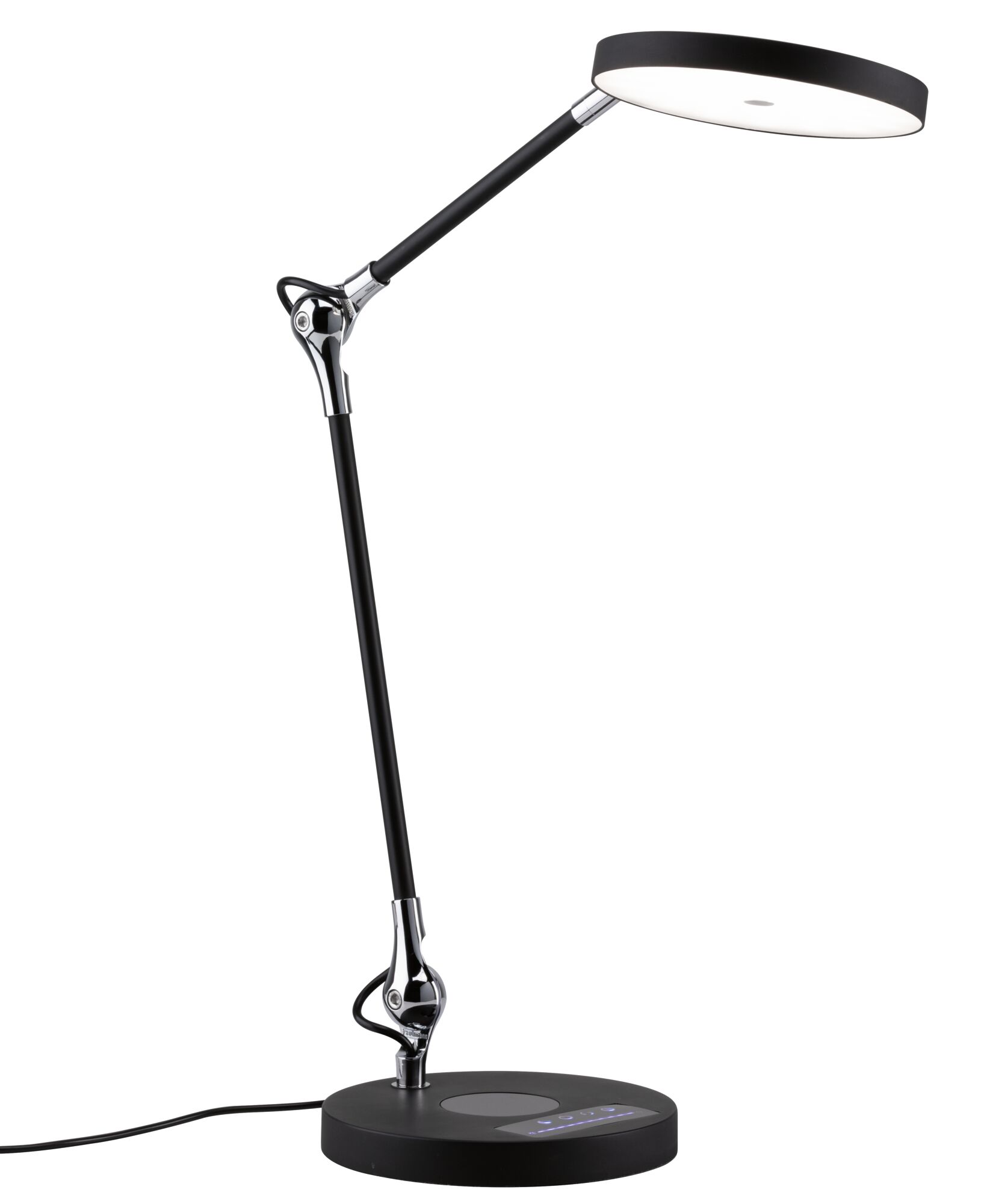 Modern black LED desk lamp with round light head and touch control for office and home use