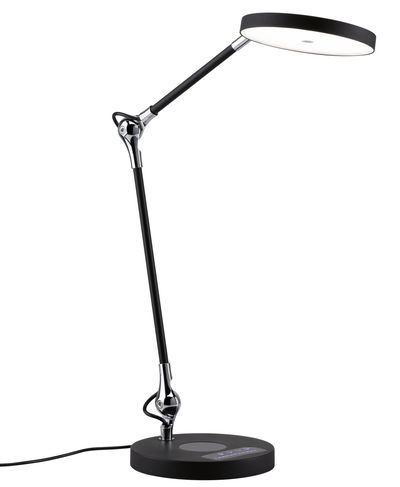 Modern black LED desk lamp with round light head and touch control for office and home use