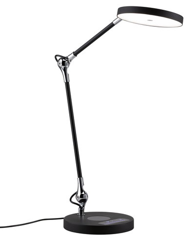 Modern black LED desk lamp with round light head and touch control for office and home use