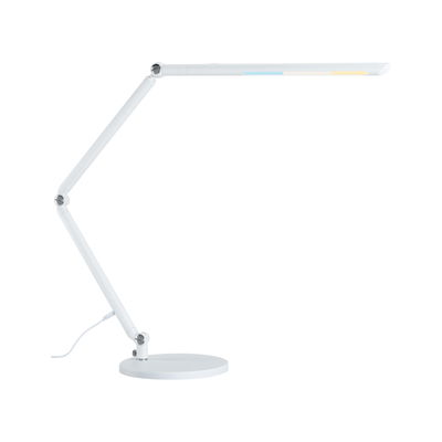 White metal LED desk lamp with adjustable arm and round base for office lighting and workspaces