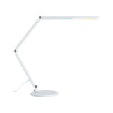 White metal LED desk lamp with adjustable arm and round base for office lighting and workspaces