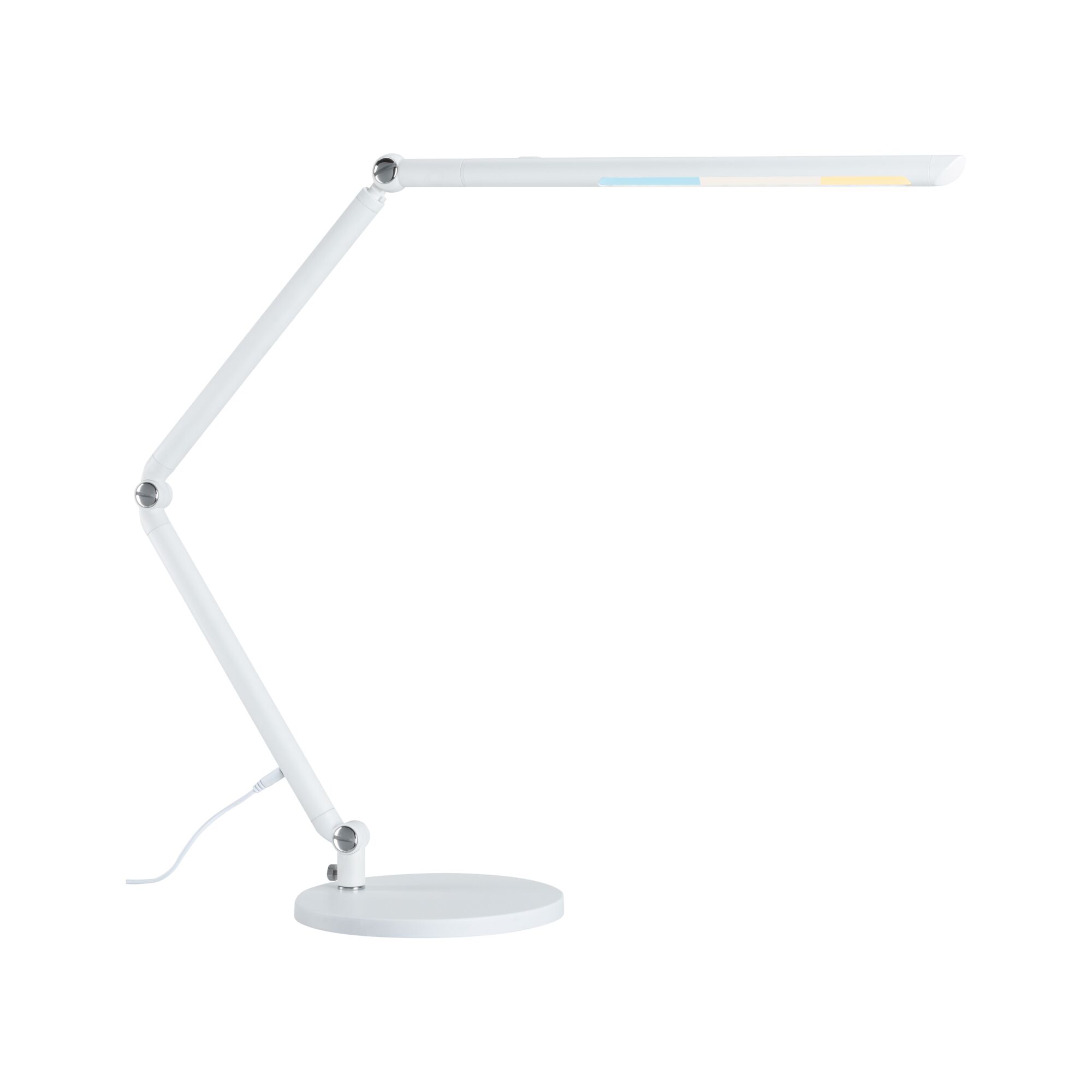 Weiße LED-Schreibtischlampe aus Metall mit verstellbarem Arm und runder Basis für Bürobeleuchtung