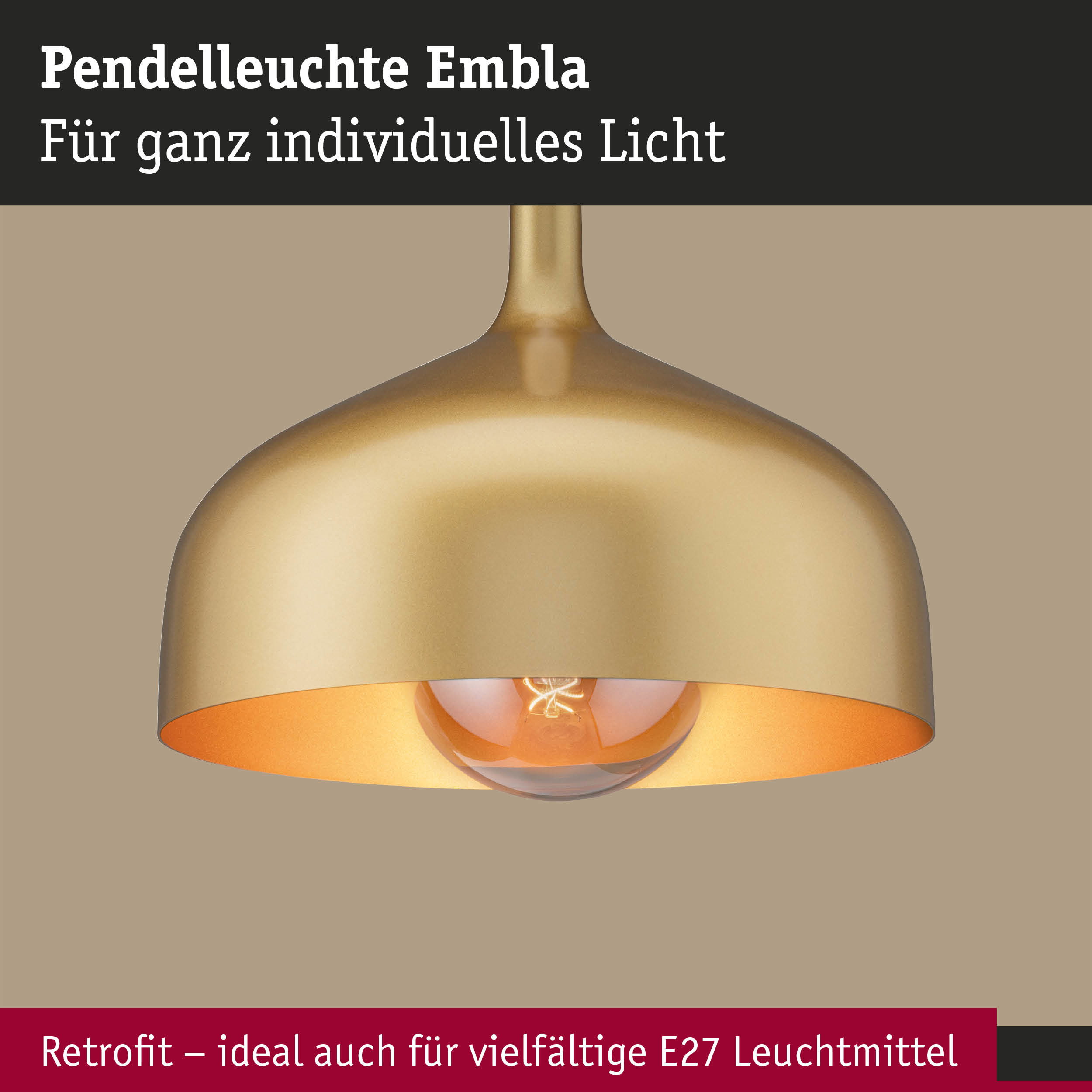 Pendelleuchte Embla aus goldfarbenem Metall mit E27 Fassung für individuelle Beleuchtung