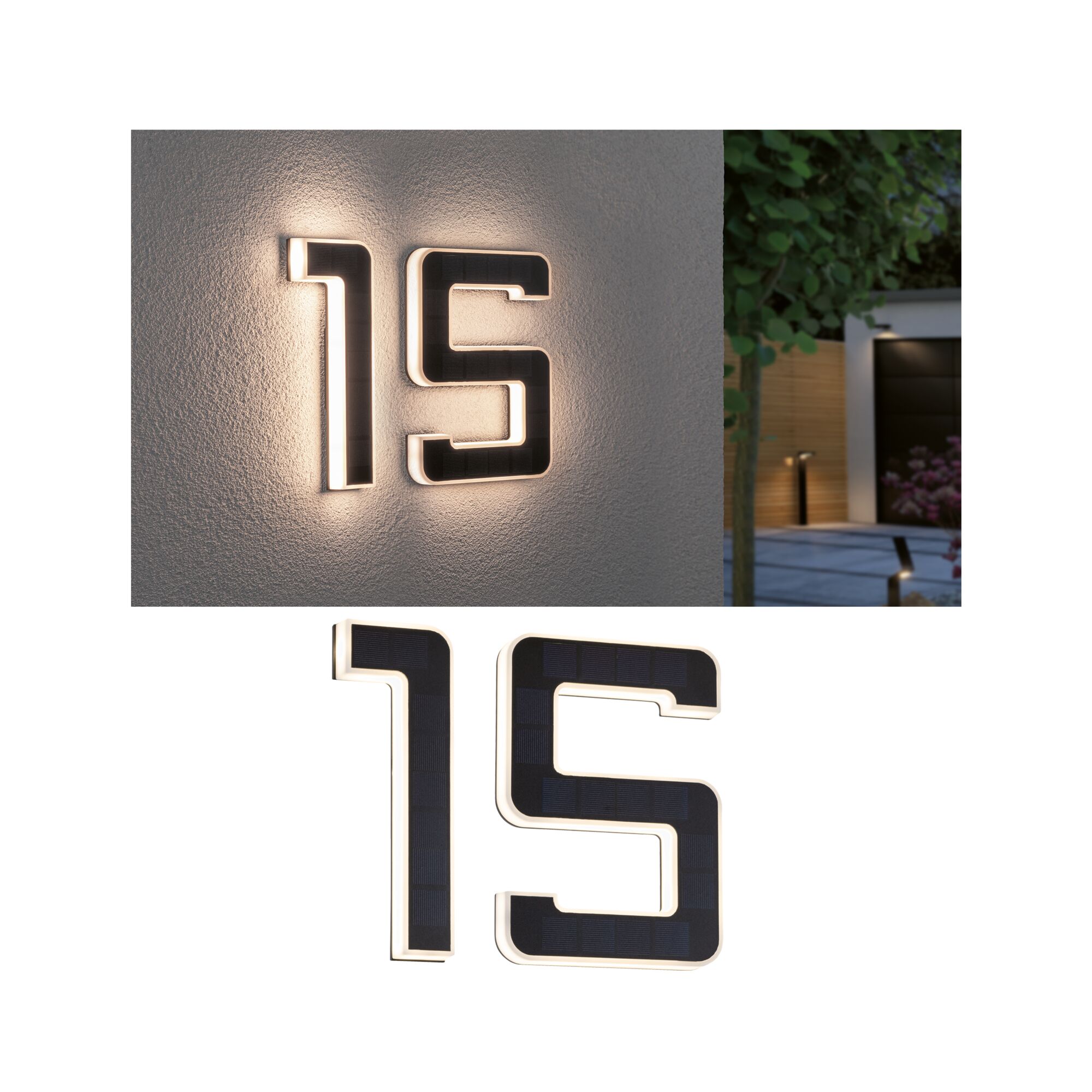 Set Solar LED House number luminaire incl. changeable battery 3000K 2x6lm 2x0,2W Black Modern house number 15 in black material with LED backlight for outdoor use.