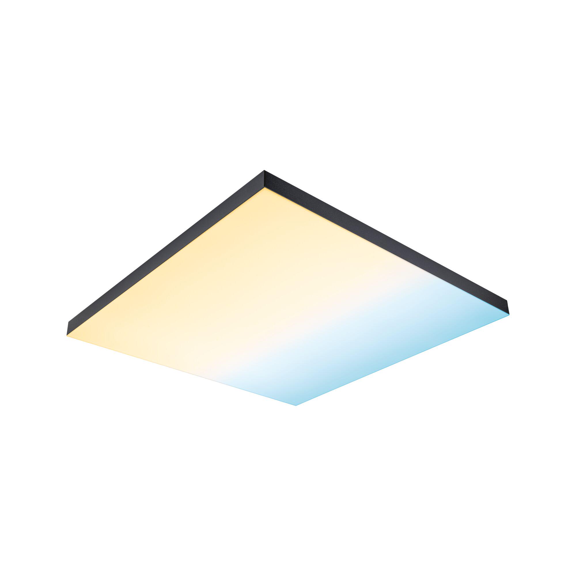 Flat LED ceiling panel with black frame and adjustable warm to cool white light for modern lighting