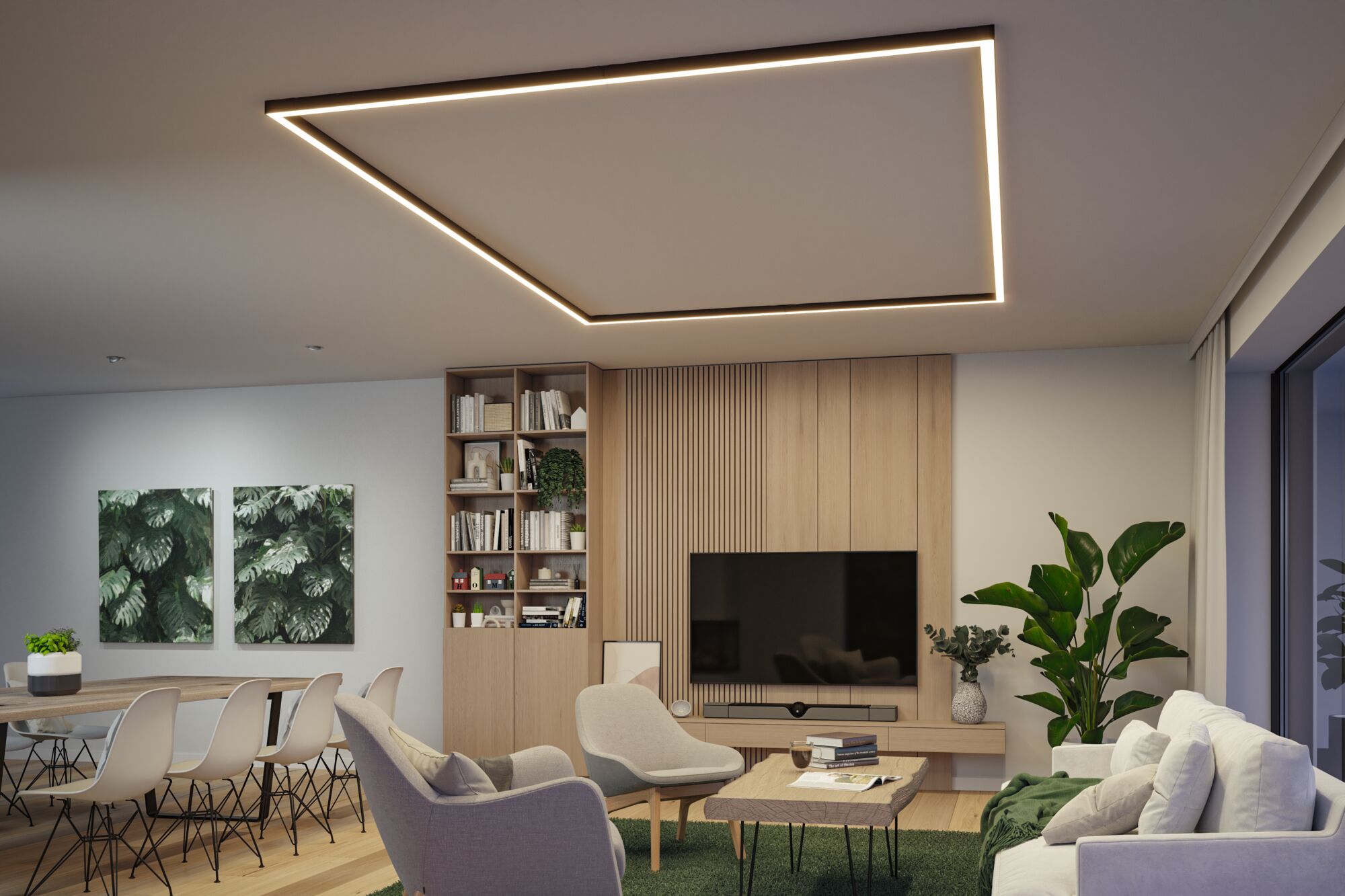 Modernes Wohnzimmer mit quadratischer LED-Deckenleuchte in warmweißem Licht und Holzregalwand.