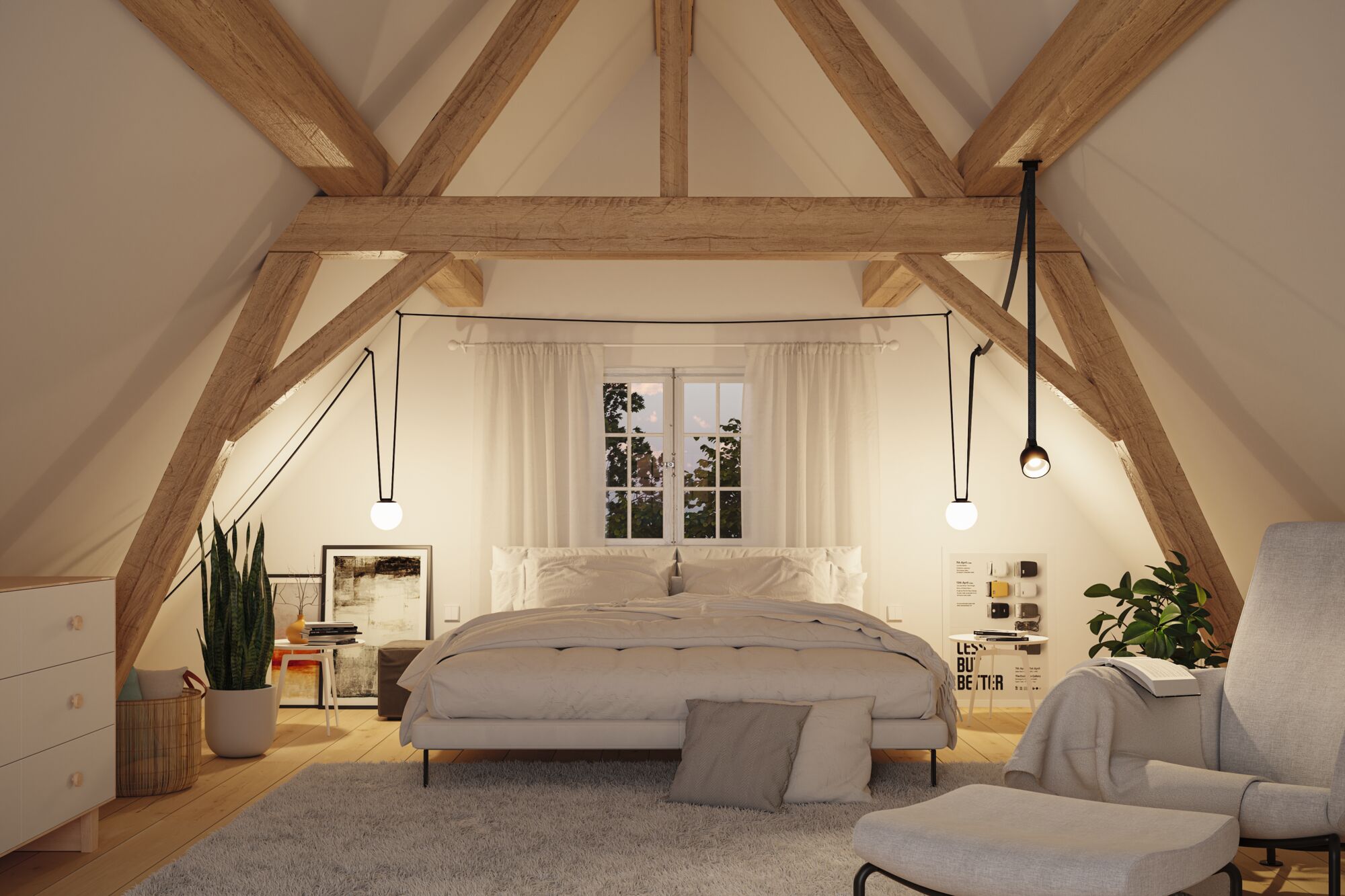 Hyggeligt soveværelse med træbjælker, hvide vægge, moderne pendellamper og beige seng med puder.