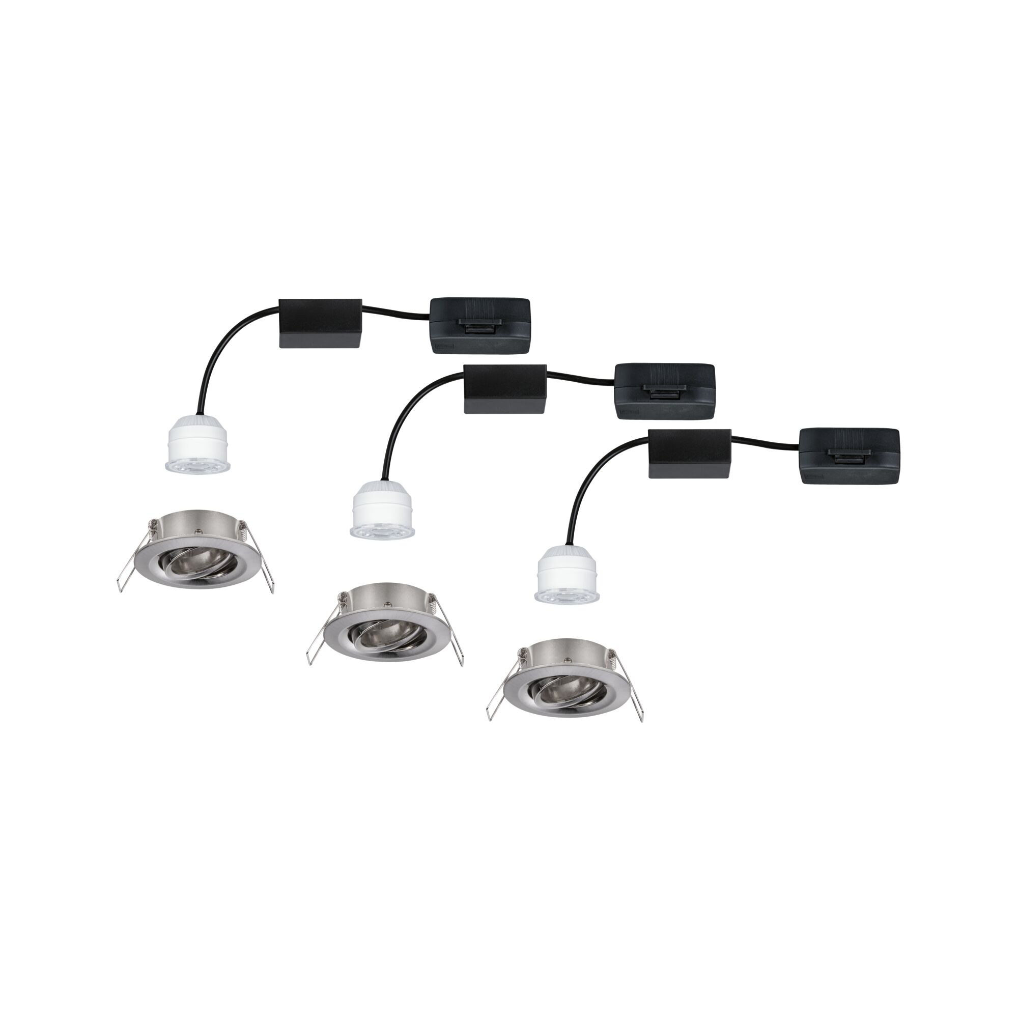 Three brushed metal recessed spotlights with white LED modules and black cables for indoor lighting