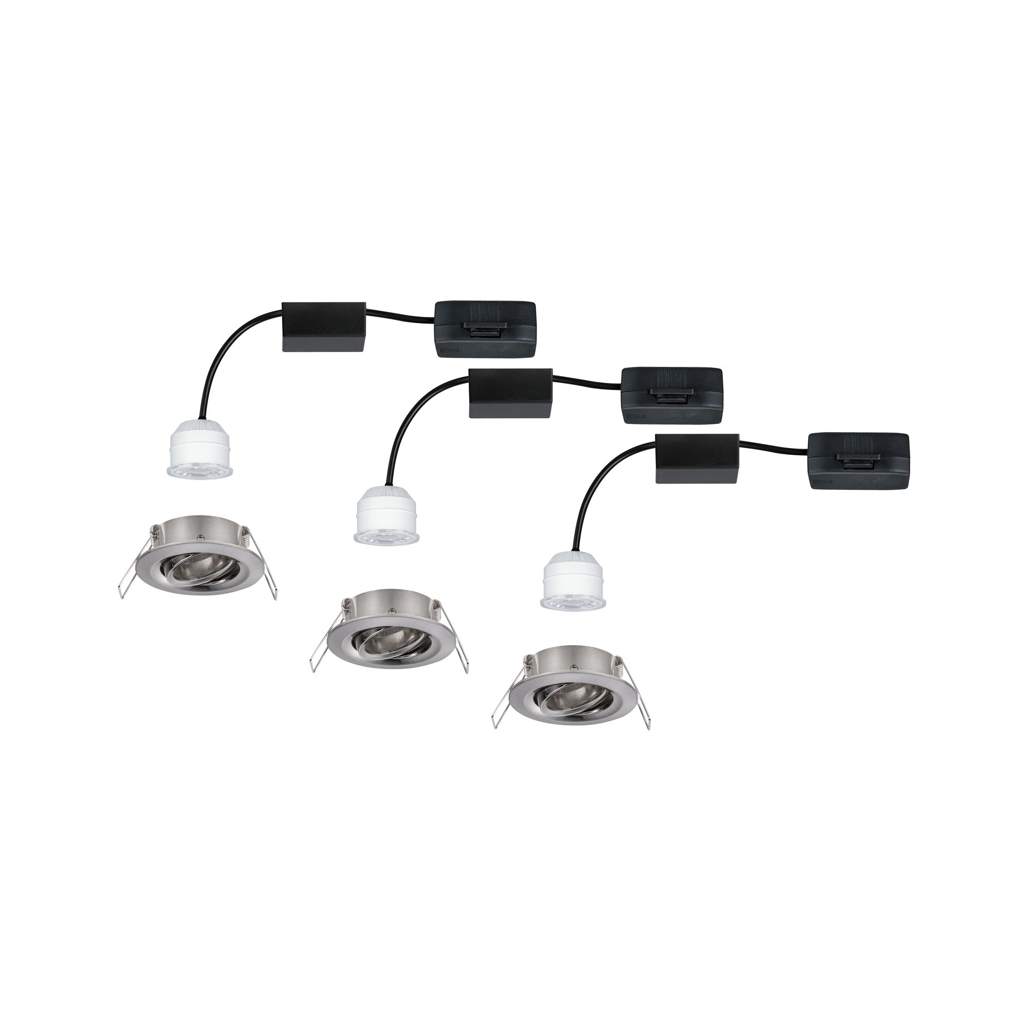 Trois spots encastrés en métal brossé avec modules LED blancs et câbles noirs pour éclairage intérieur