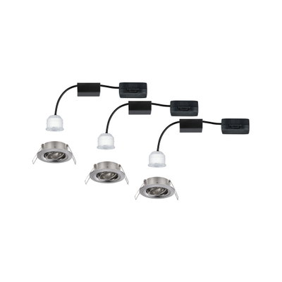 Trois spots encastrés en métal brossé avec modules LED blancs et câbles noirs pour éclairage intérieur