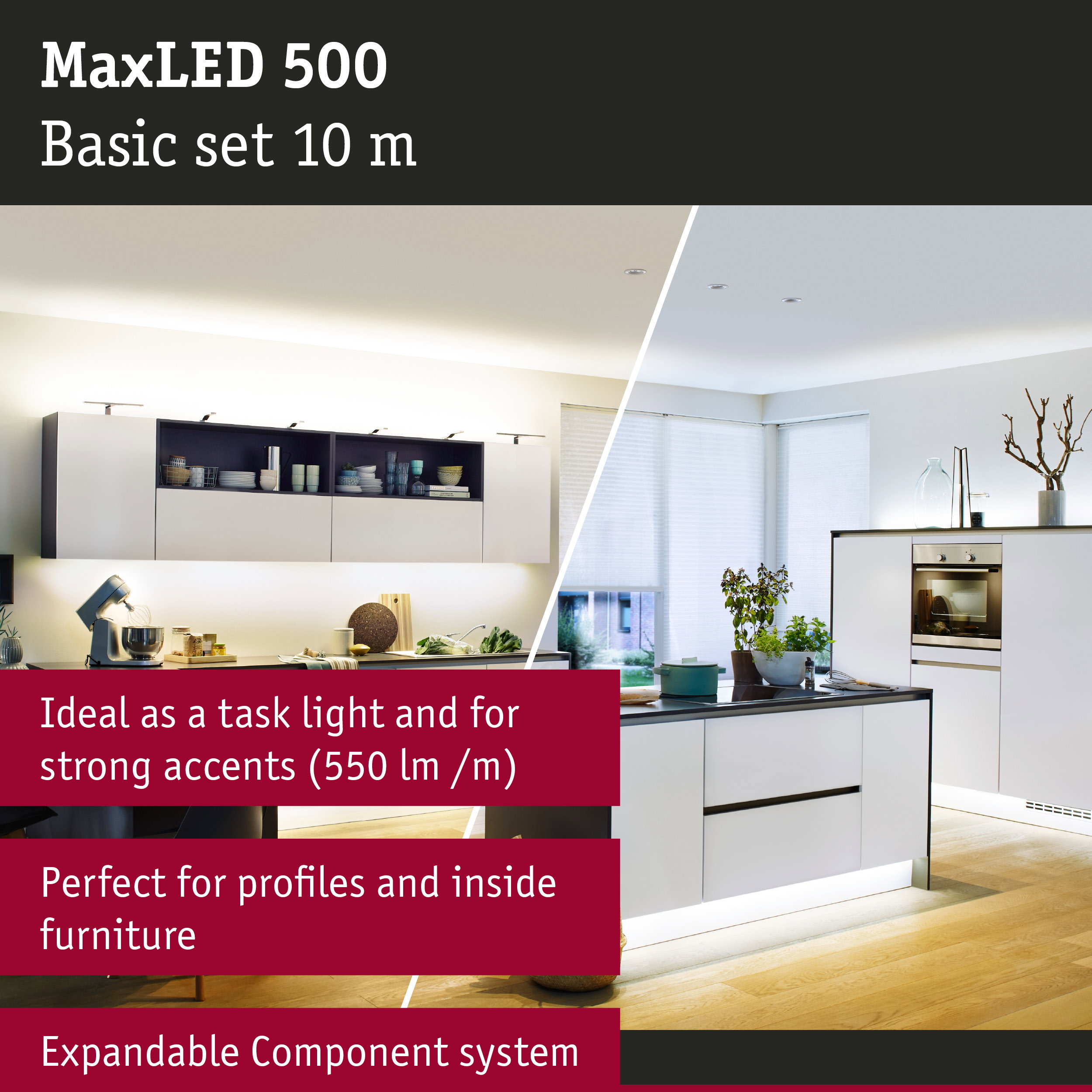 Modern white kitchen with LED lighting under cabinets and toe kick, kitchen lighting solution