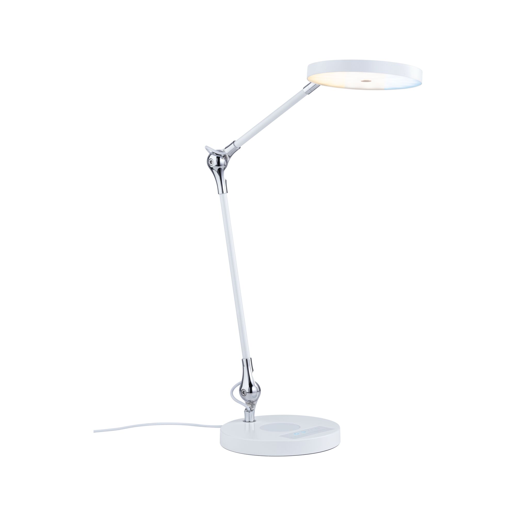 Modern white LED desk lamp with adjustable arm and round light head made of metal and plastic