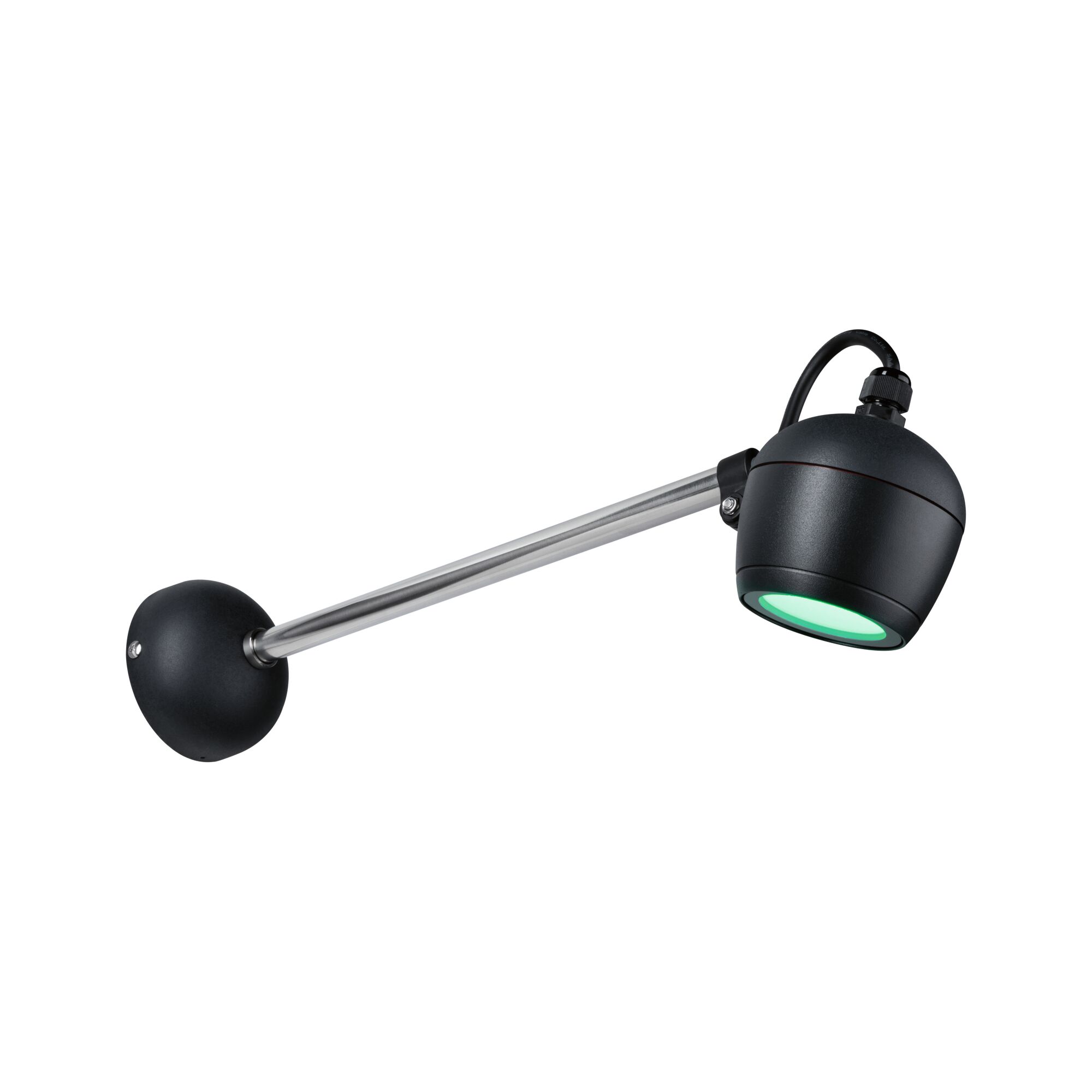 Black LED outdoor wall light with adjustable head and stainless steel arm for garden lighting