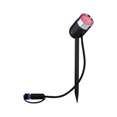 Zwarte LED-tuinschijnwerper met grondpen en rood licht, weerbestendige buitenverlichting met kabel