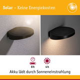 Schwarze Solar-Wandleuchte mit Akku, lädt 4 Stunden Sonnenlicht, leuchtet 8 Stunden energieeffizient.