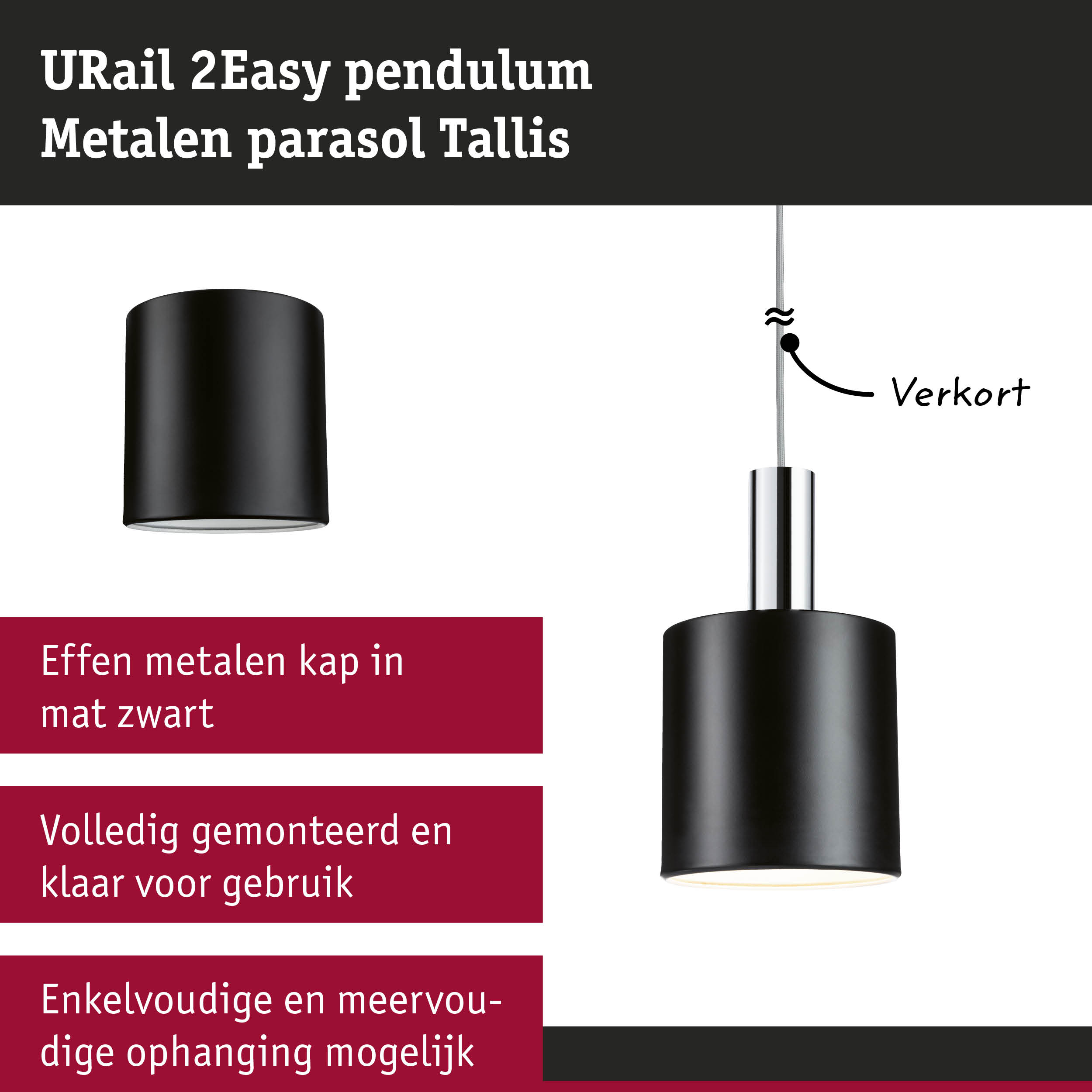 Mat zwarte metalen URail 2Easy pendel met cilindrisch ontwerp en geïntegreerde LED-verlichting