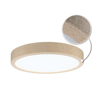 Ronde plafondlamp met beige geweven stoffen rand en witte diffuser voor warm LED-licht