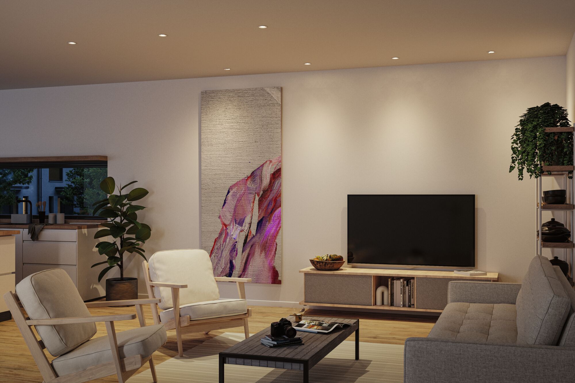 Modern living room with grey sofa, wooden armchairs, light wood TV unit and recessed LED ceiling lights