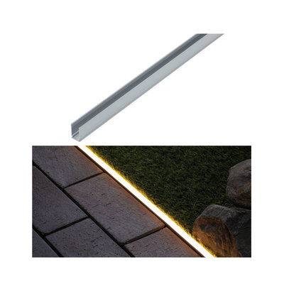 Profilé LED en aluminium argenté pour extérieur, idéal pour l’éclairage de jardin et terrasse.