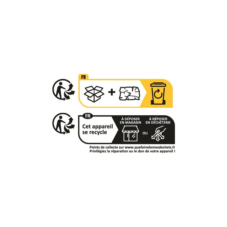 Instructions pour le recyclage écologique de l'emballage et de l'appareil avec symboles et points de collecte
