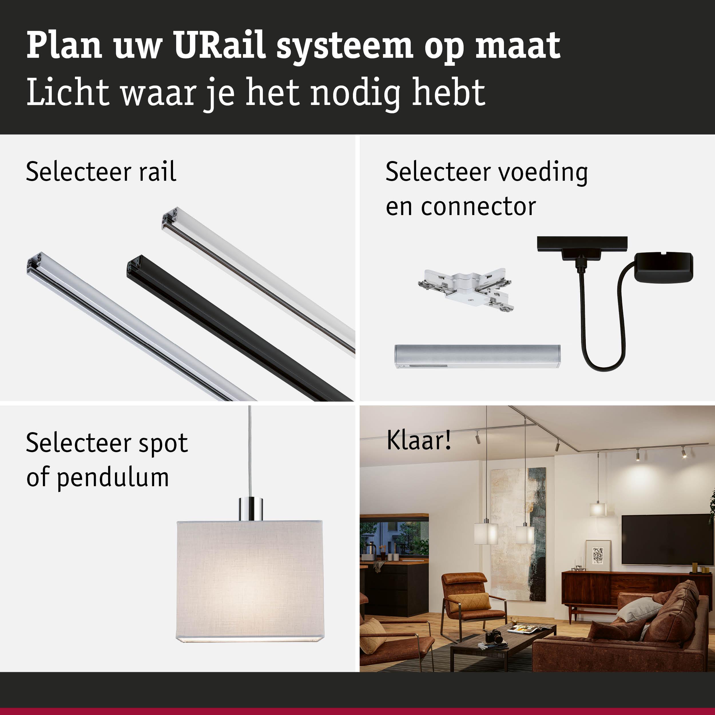 Modulair URail railsysteem met keuze uit rails, voeding en pendellamp in moderne woonkamer