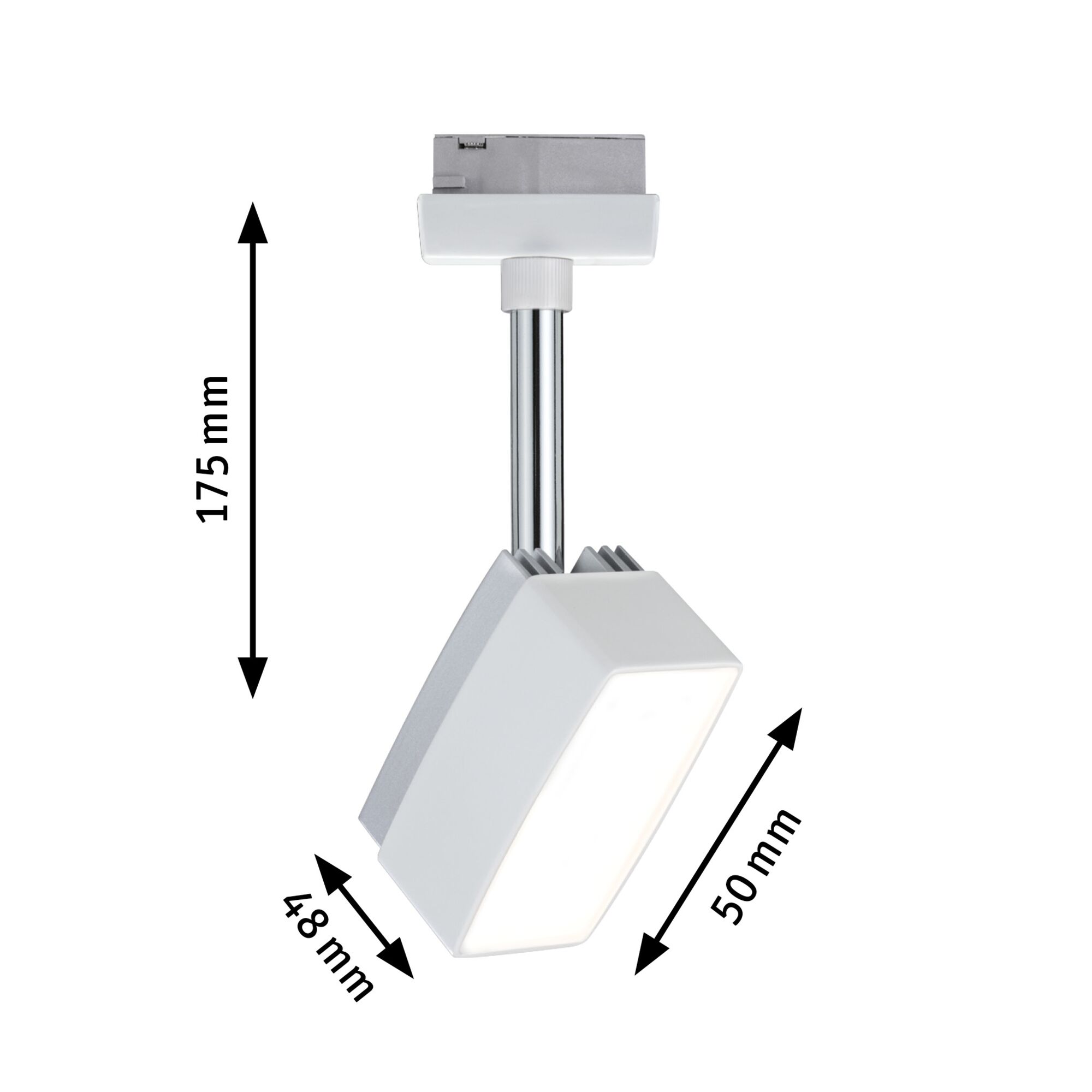 Weißer LED-Strahler aus Metall mit verstellbarem Kopf und Maßen 175x50x48 mm für Schienensysteme