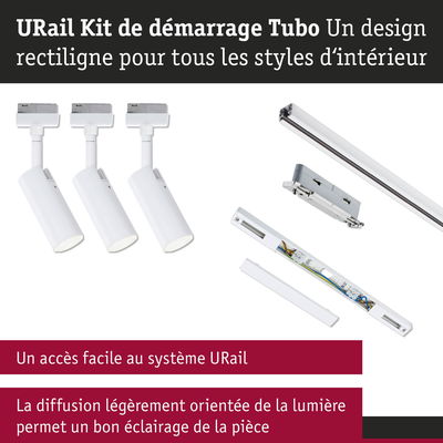Kit de démarrage URail Tubo blanc avec trois spots LED orientables et système de rail pour éclairage intérieur