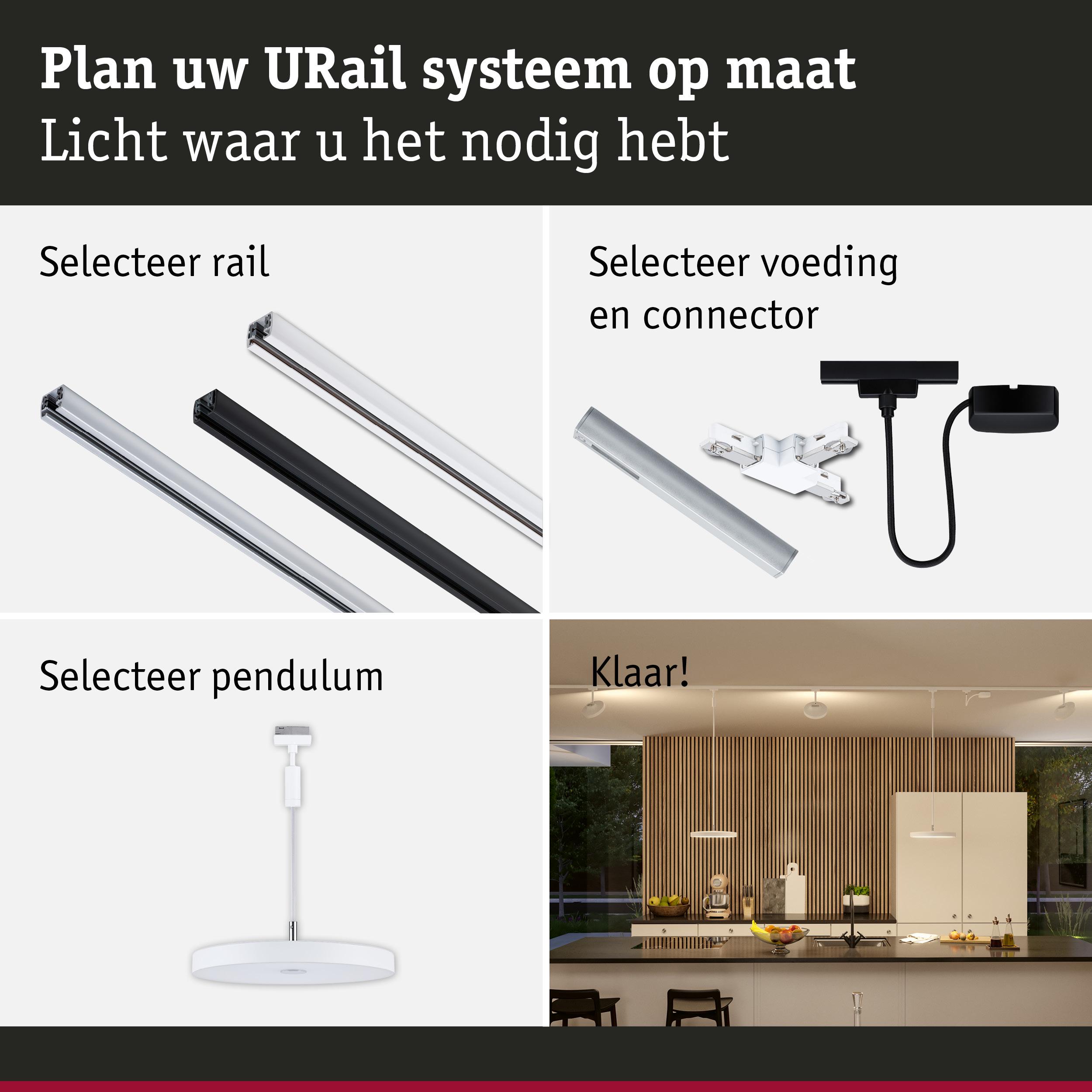 Modulair URail railsysteem met aluminium rails, connectoren en witte pendellamp voor flexibele verlichting