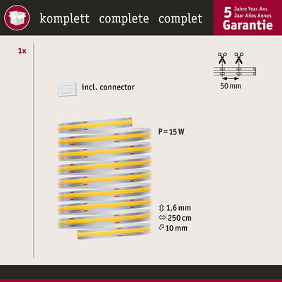 LED-Lichtband 250 cm lang, 1,6 mm hoch, 10 mm breit mit 15 W Leistung und Anschlussstück