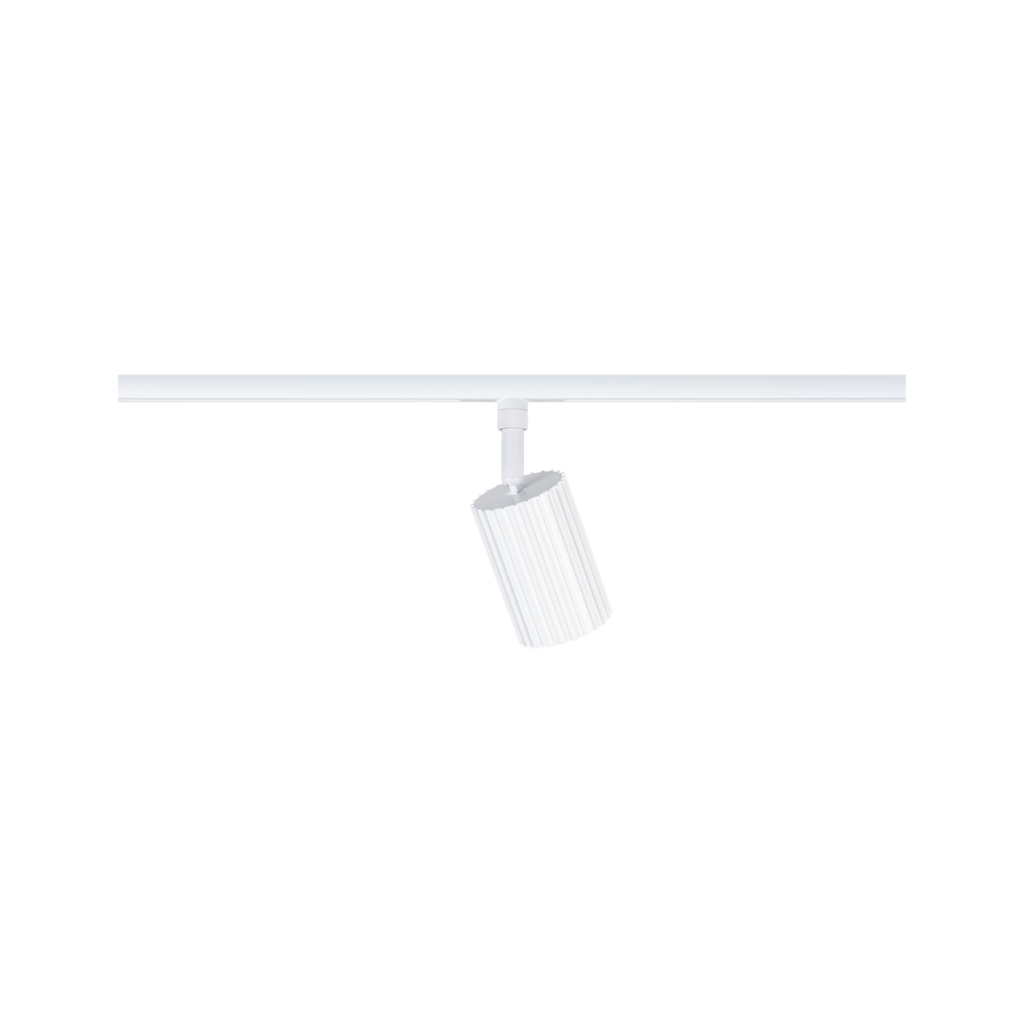White aluminium LED spotlight with ribbed design on track system for modern interior lighting