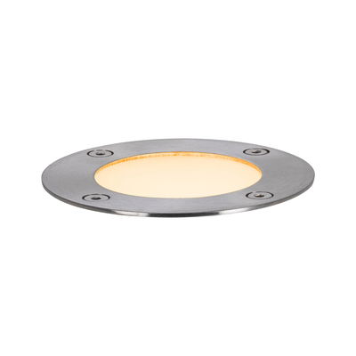 Round LED recessed light in brushed stainless steel with warm white light for outdoor use