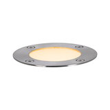 Round LED recessed light in brushed stainless steel with warm white light for outdoor use