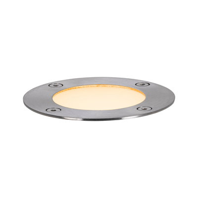 Round LED recessed light in brushed stainless steel with warm white light for outdoor use